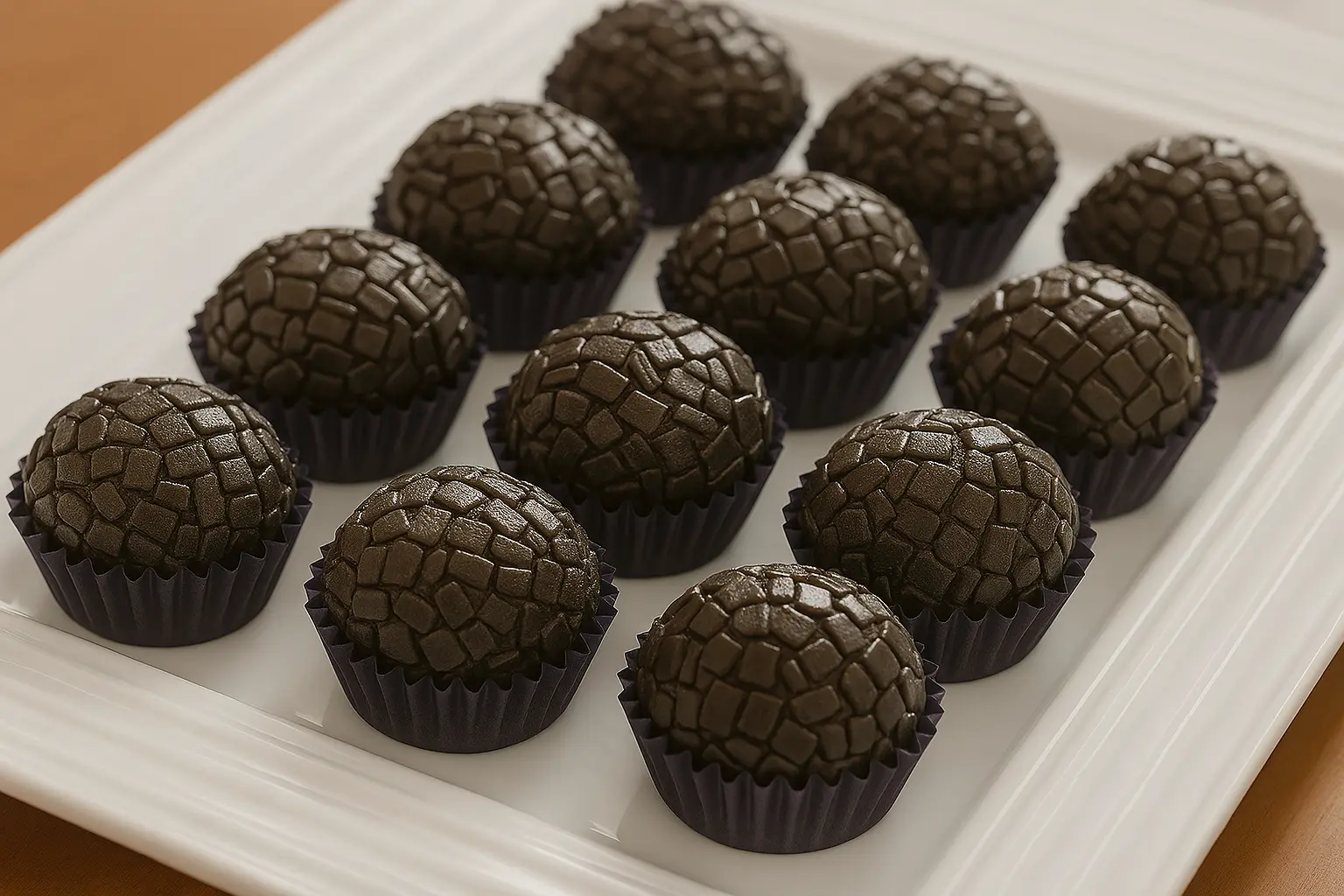 Brigadeiros artesanais de chocolate em uma travessa branca
